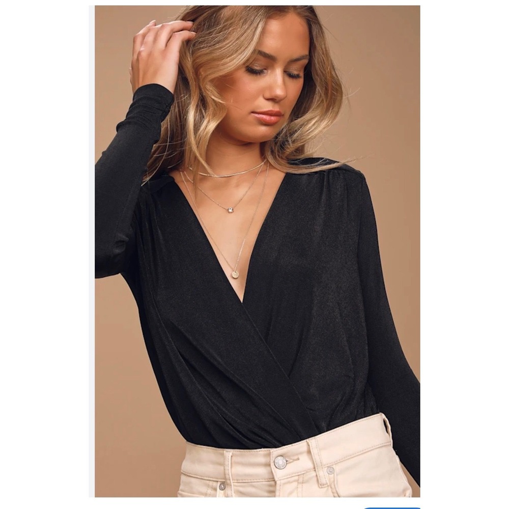 Intimately‎ Free People Black Deep V Neck Turnt Bodysuit Long Sleeve  Small